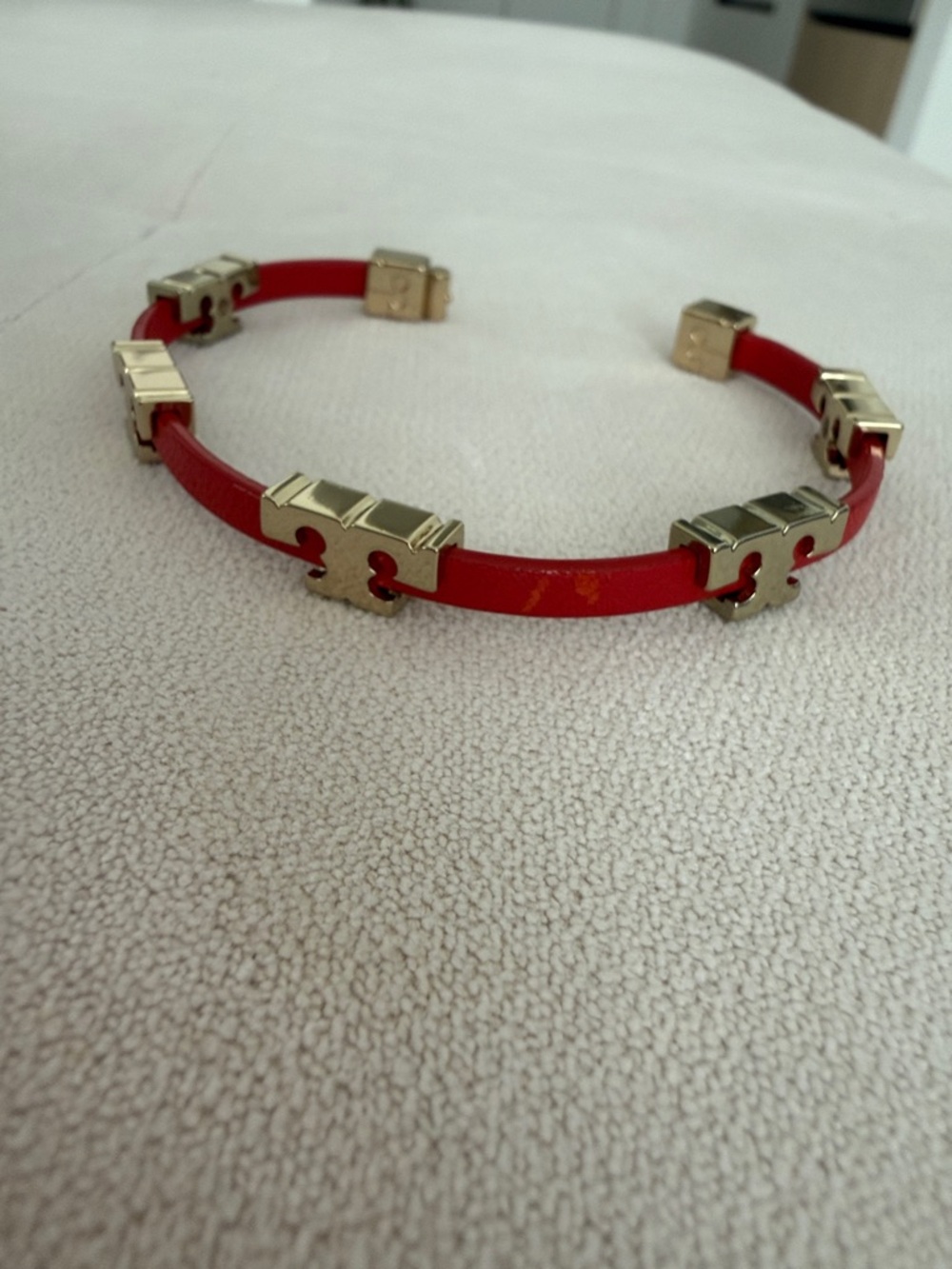 Tory Burch Red Leather Bracelet with Gold Logo Accents